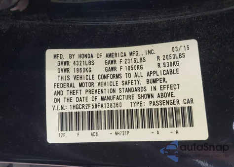 2015 Honda Accord Sport from USA, damaged, VIN 1HGCR2F58FA138360